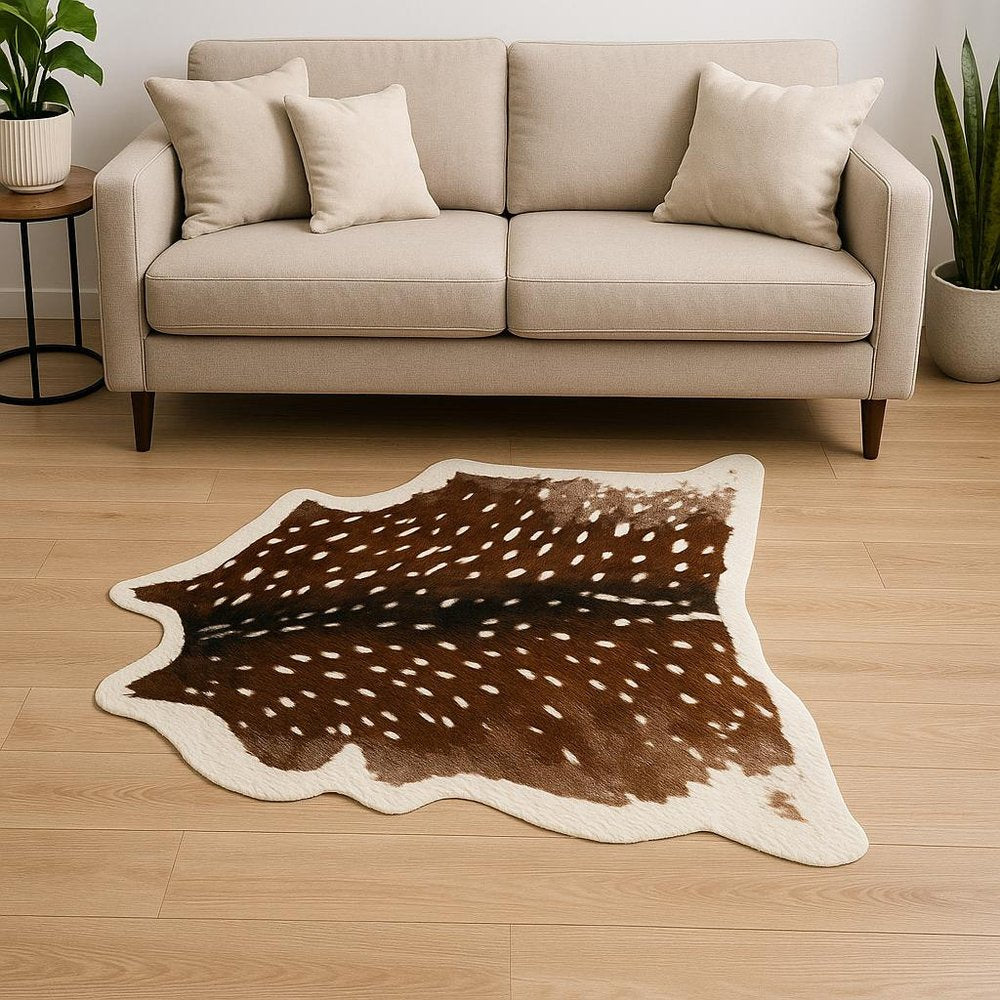 Faux Cowhide Area Rug – Off White & Brown, Non-Slip