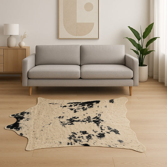 Off White, Black & Gold Faux Cowhide Area Rug – Washable