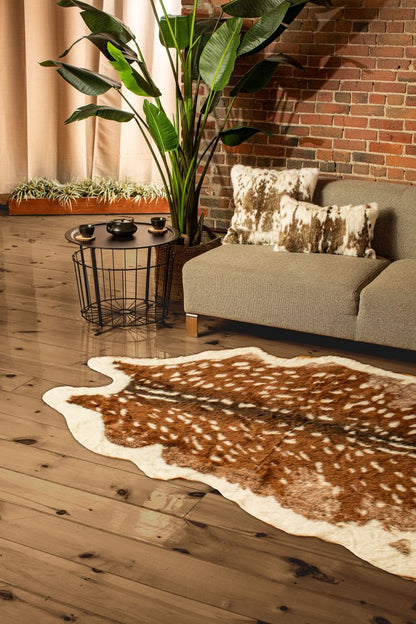 Faux Cowhide Area Rug – Off White & Brown, Non-Slip