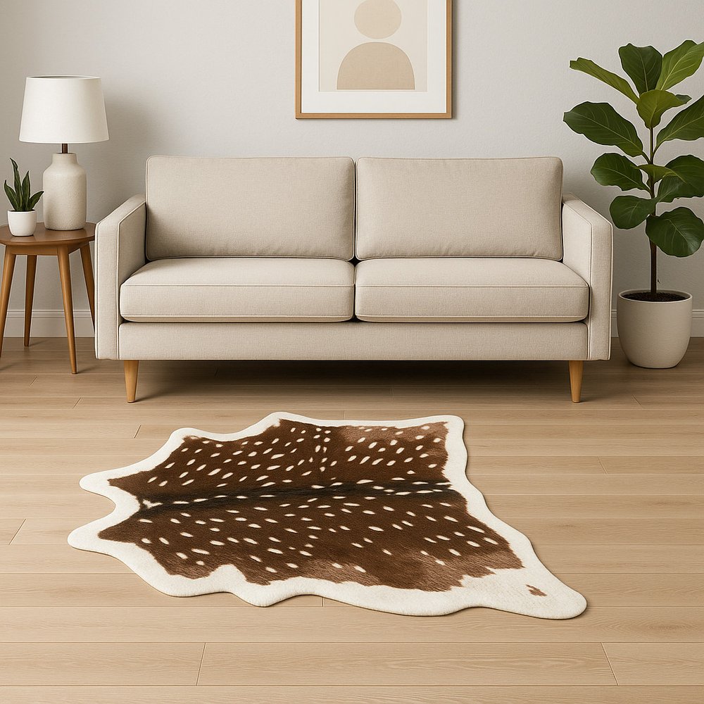 Faux Cowhide Area Rug – Off White & Brown, Non-Slip