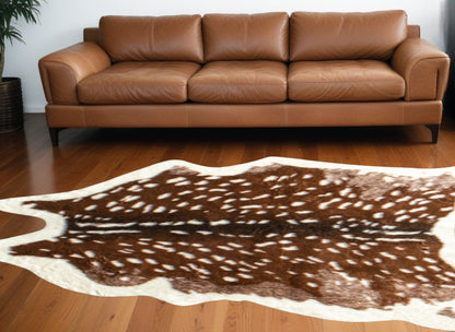 4' X 5' Off White And Brown Faux Cowhide Non Skid Area Rug