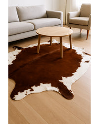 Cowhide Print Hand Knotted Rug – Brown & White Accent in Living Room — cowhide area rug 17