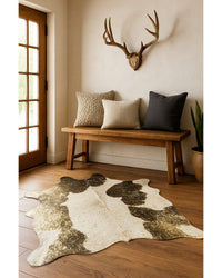 Ivory, Brown & Gold Cowhide Area Rug – Hand Knotted in Lodge Entryway — cowhide area rug 5