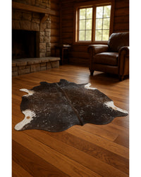 Brown & Silver Cowhide Animal Print Area Rug – Power Loom in Cabin Living Room — cowhide area rug 4