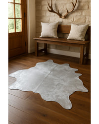 Silver Cowhide Area Rug – Handmade in Lodge Entryway — cowhide area rug 5