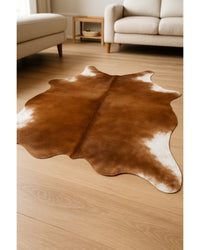 Tan Cowhide Print Area Rug – Soft, Handcrafted Accent in Low Angle View — cowhide area rug 11