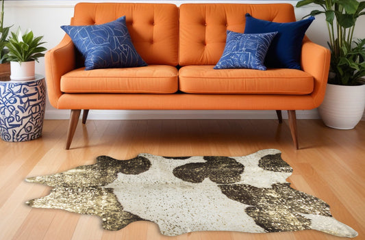 Ivory, Brown & Gold Cowhide Area Rug – Hand Knotted