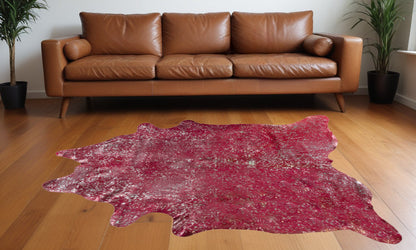 5' X 7' Red and Silver Cowhide Hand Knotted Area Rug