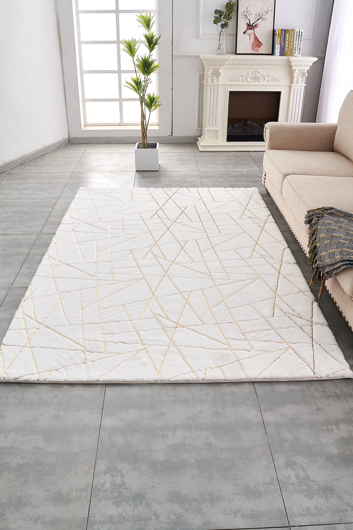 6' X 9' White and Gold Faux Sheepskin Abstract Geometric Machine Tufted Washable Non Skid Area Rug