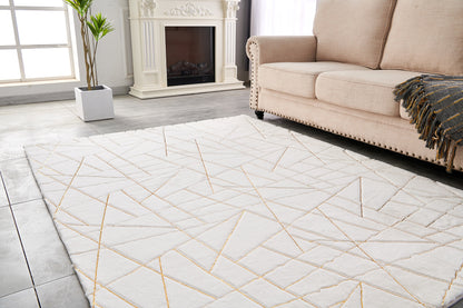 6' X 9' White and Gold Faux Sheepskin Abstract Geometric Machine Tufted Washable Non Skid Area Rug