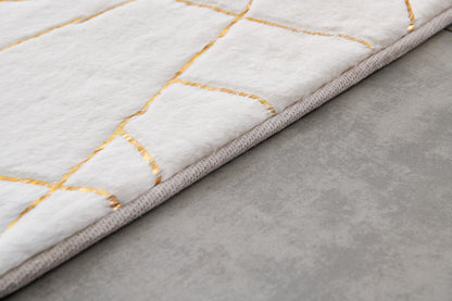 6' X 9' White and Gold Faux Sheepskin Abstract Geometric Machine Tufted Washable Non Skid Area Rug