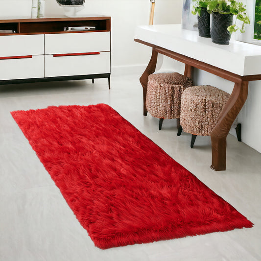 Red Faux Sheepskin Shag Washable Area Rug