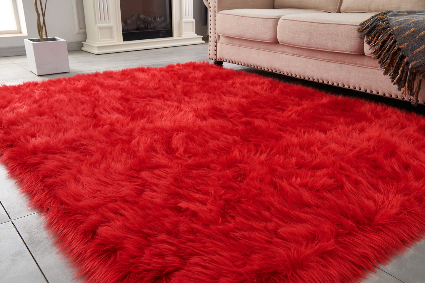 5' X 7' Red Faux Sheepskin Shag Washable Area Rug