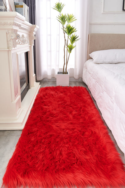 Red Faux Sheepskin Shag Washable Area Rug