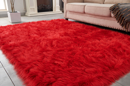 Red Faux Sheepskin Shag Washable Area Rug