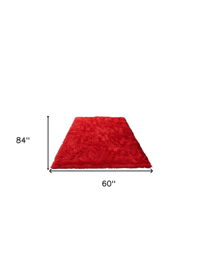 5' X 7' Red Faux Sheepskin Shag Washable Area Rug