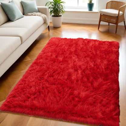 Red Faux Sheepskin Shag Washable Area Rug