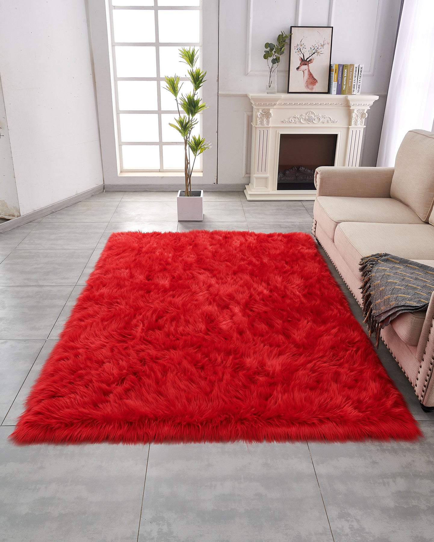 Red Faux Sheepskin Shag Washable Area Rug