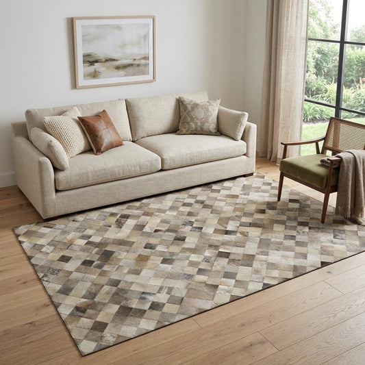 Beige, Gray & Ivory Cowhide Print Area Rug – Washable, UV Protection