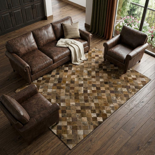 Beige, Brown & Coffee Cowhide Print Area Rug – Washable, UV Protection