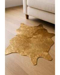 Gold Cowhide Hand Knotted Rug – Stain Resistant Area in Hide Detail Close-Up — cowhide area rug 16
