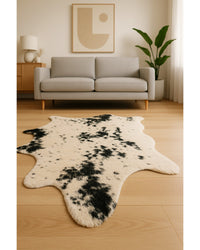 Off White, Black & Gold Faux Cowhide Area Rug – Washable in Low Angle View — cowhide area rug 8