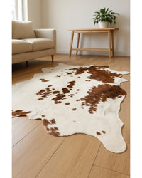 Cowhide Print Area Rug – Brown & White, Soft Texture Low Angle View — cowhide area rug 13
