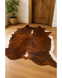 Cowhide Animal Print Rug – Brown & White Accent in Lodge Entryway — cowhide area rug 11