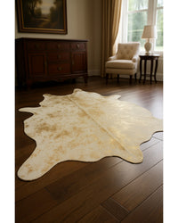 Gold Cowhide Area Rug – Handmade in Low Angle View — cowhide area rug 8