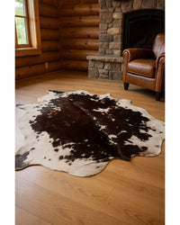 Cowhide Area Rug – Hand Knotted Brown & White in Cabin Living Room — cowhide area rug 14