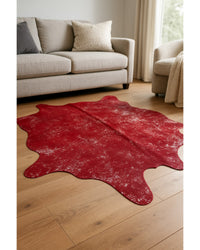Red & Silver Cowhide Area Rug – Hand Knotted in Low Angle View — cowhide area rug 8