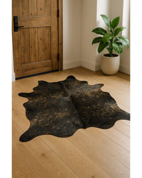 Chocolate & Gold Cowhide Area Rug in Lodge Entryway — cowhide area rug 5
