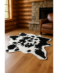 Cowhide Print Washable Rug – Black & White, Stain Resistant in Cabin Living Room — cowhide area rug 13
