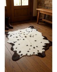 Black Cowhide Print Handwoven Rug – Modern Accent in Lodge Entryway — cowhide area rug 8