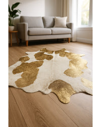 Gold Cowhide Area Rug – Modern 6x7 Statement Decor in Low Angle View — cowhide area rug 12