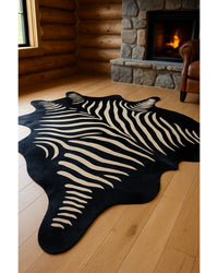 Cowhide Zebra Print Area Rug – Black & Off White, Handmade in Cabin Living Room — cowhide area rug 7