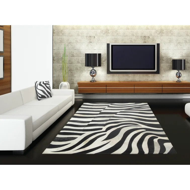 Madisons Black And White Zebra Striped Patchwork Cowhide Rug