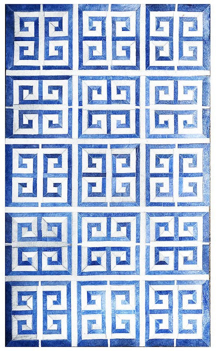 Poshrug Blue White Maze Cowhide Rug (Greek Key)