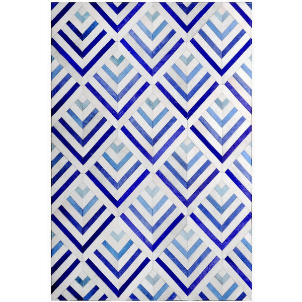 Poshrug Art Deco White Blue Cowhide Patchwork Rug