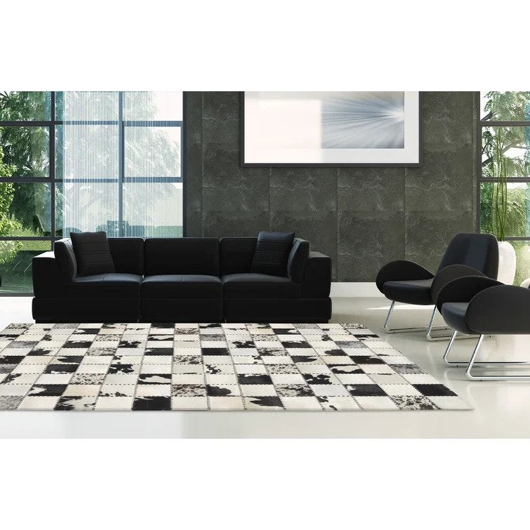 Madisons Black And White Cow Spot Square Pattern Patchwork Cowhide Rug