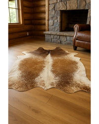 Brown Cowhide Area Rug – Hand Knotted, Stain Resistant in Cabin Living Room — cowhide area rug 122
