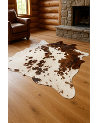 Cowhide Print Area Rug – Brown & White, Soft Texture in Cabin Living Room — cowhide area rug 9