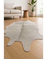 Gray Cowhide Area Rug – Hand Tufted, Stain Resistant in Low Angle View — cowhide area rug 13