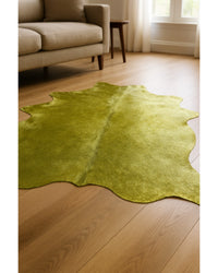 Green Cowhide Hand Knotted Rug – Stain Resistant Style in Low Angle View — cowhide area rug 20