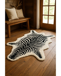 Zebra Print Faux Cowhide Rug – Black & White Style in Lodge Entryway — cowhide area rug 11