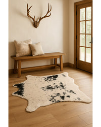 Off White, Black & Gold Faux Cowhide Area Rug – Washable in Lodge Entryway — cowhide area rug 5