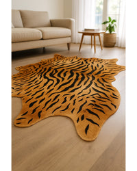 Cowhide Tiger Print Area Rug – Brown & Black, Soft Texture Low Angle View — cowhide area rug 12