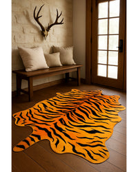 Tiger Chocolate Cowhide Area Rug in Lodge Entryway — cowhide area rug 5