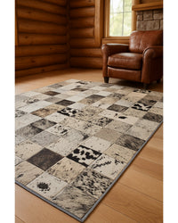Black, Gray & Ivory Cowhide Print Area Rug – Washable, UV Protection in Cabin Living Room — area rug 4