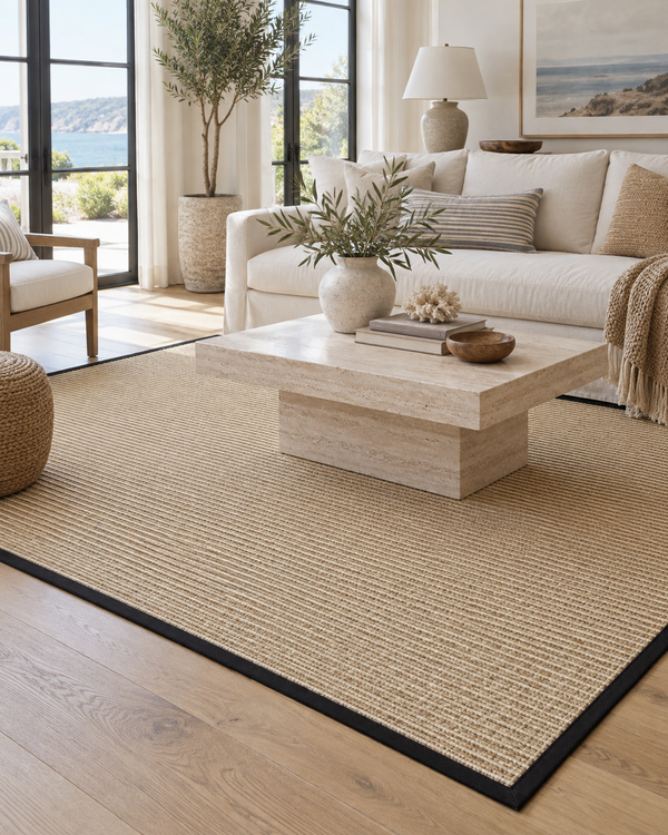 Bone Sisal Rug with Black Onyx Cotton Border